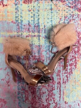 Shoe Republic LA Rose Gold Faux Fur Ankle-Strap Stilettos
